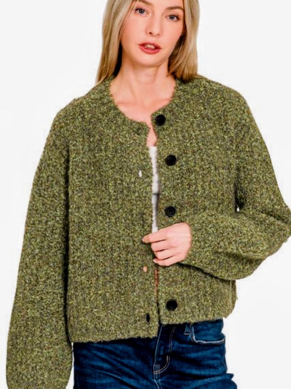 Zenana Outfitters Olive Brown Melange Button-Front Cardigan